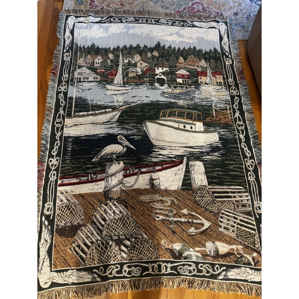 Vintage Tapestry Lake‎ Sailboat Birds Harbor Fringe Lap Blanket Throw Outdoors